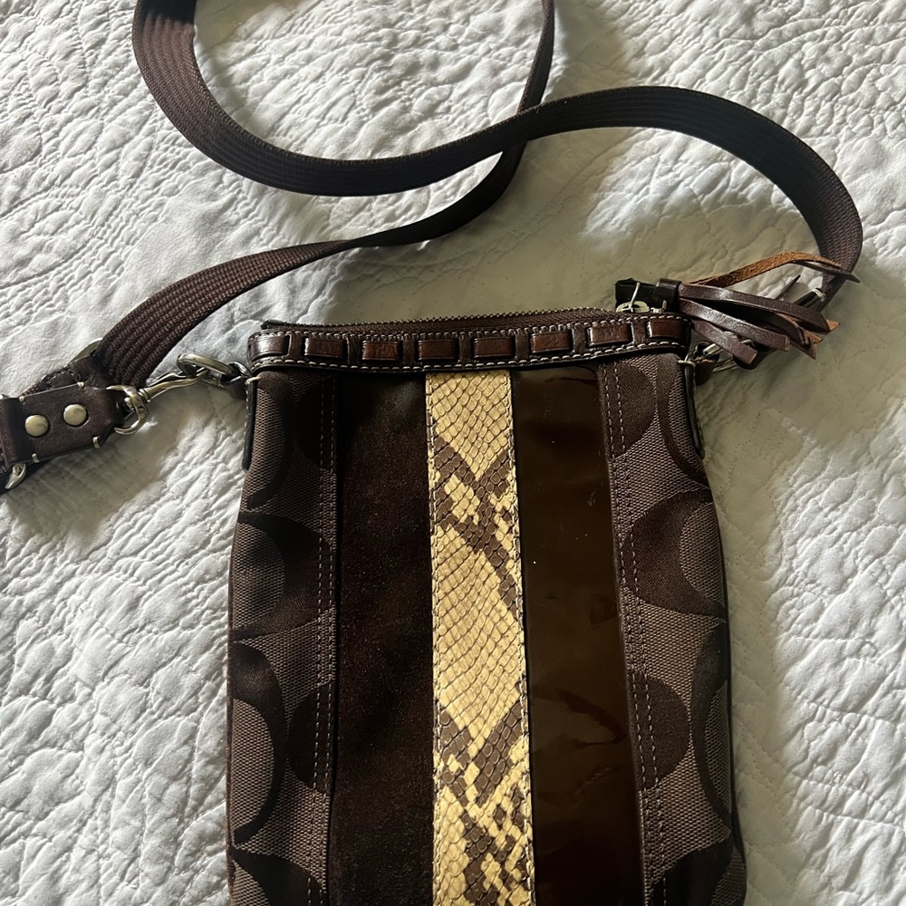 Coach Brown Leather/Fabric Crossbody Bag with Snakeskin Detail